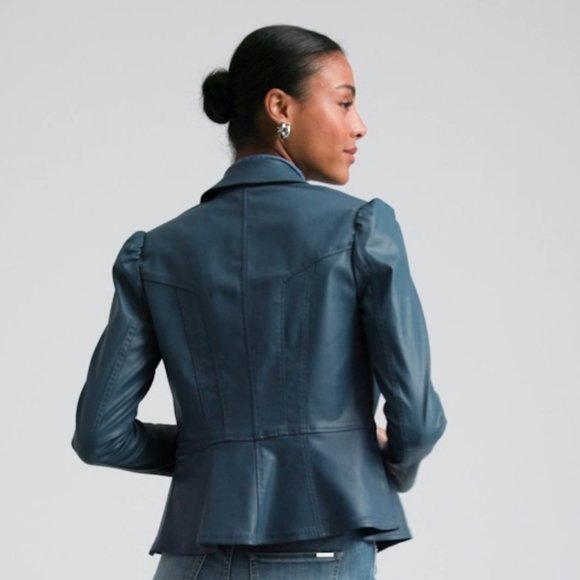 WHBM $200 Coated Denim Peplum Jacket Blue True Indigo - Picture 7 of 10